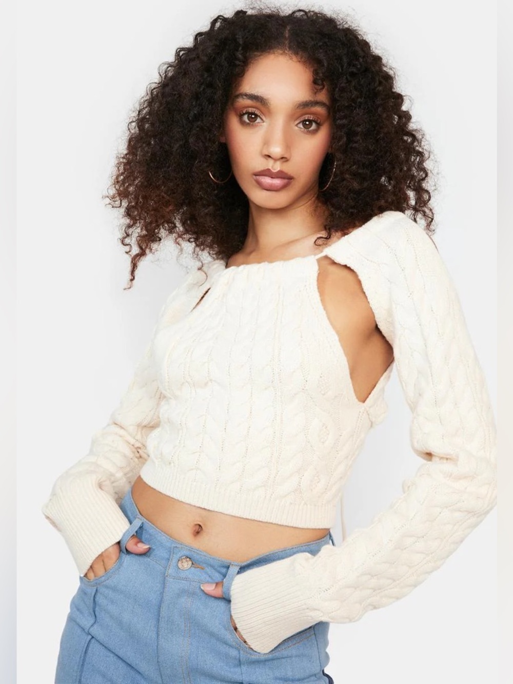 BEIGE BOTANY DOLLSKILL CUT OUT CABLE KNIT CROP TOP ✨